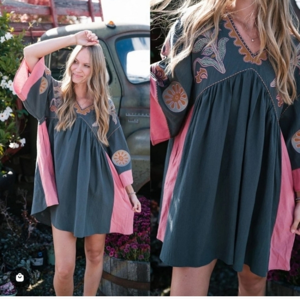Embroidered V-Neck Smocked Mini Dress in Charcoal & Rose